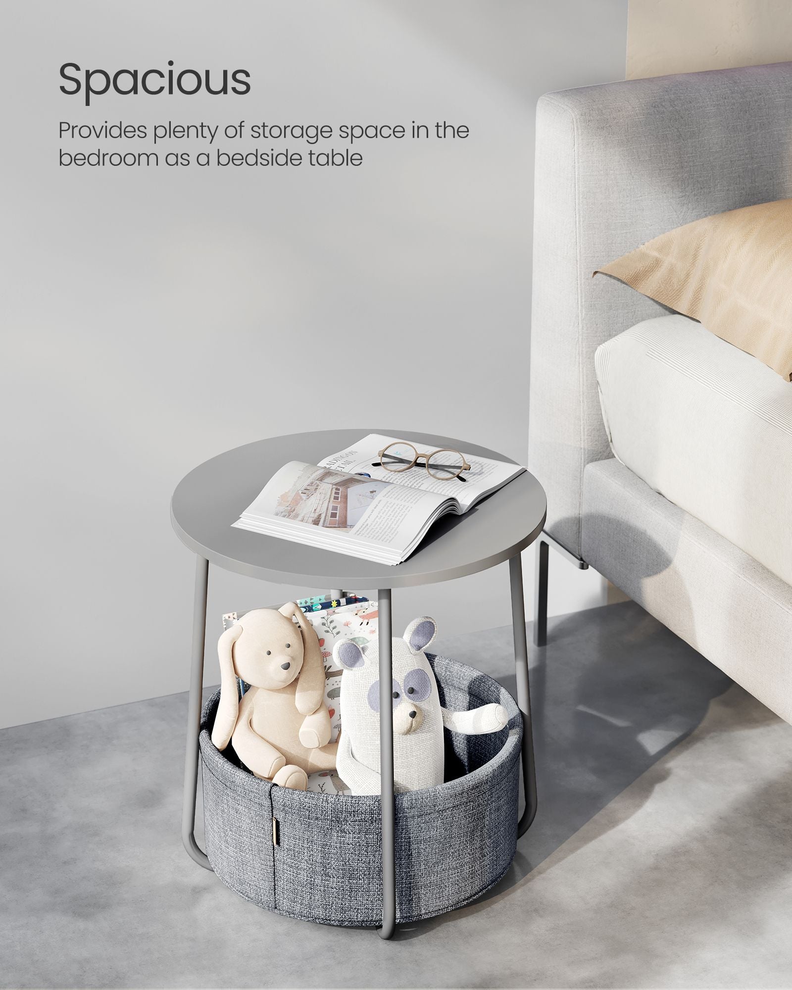 Round Side Table – Wood – Dove Grey and Slate Grey – Includes Fabric Basket