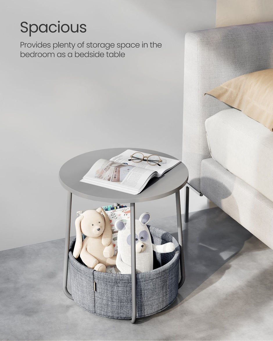 Round Side Table – Wood – Dove Grey and Slate Grey – Includes Fabric Basket