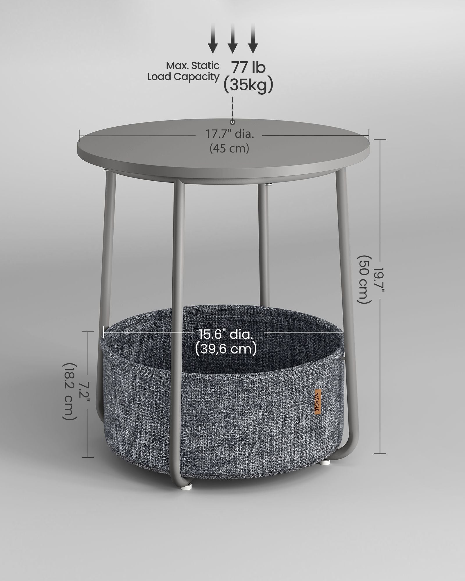 Round Side Table – Wood – Dove Grey and Slate Grey – Includes Fabric Basket