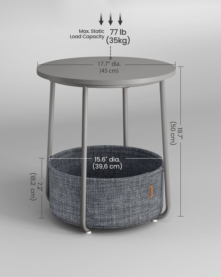 Round Side Table – Wood – Dove Grey and Slate Grey – Includes Fabric Basket