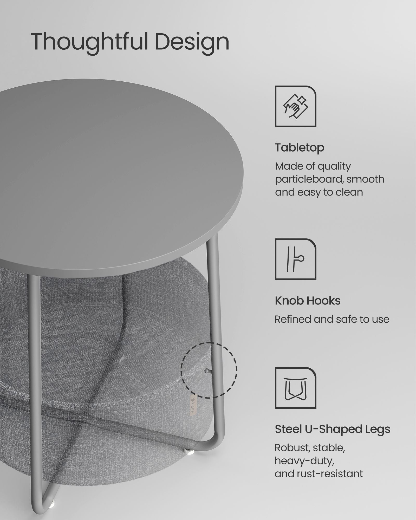 Round Side Table – Wood – Dove Grey and Slate Grey – Includes Fabric Basket