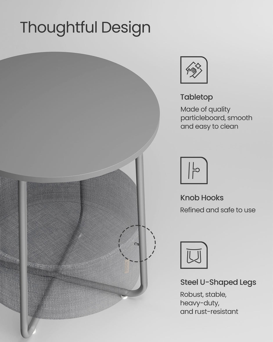 Round Side Table – Wood – Dove Grey and Slate Grey – Includes Fabric Basket
