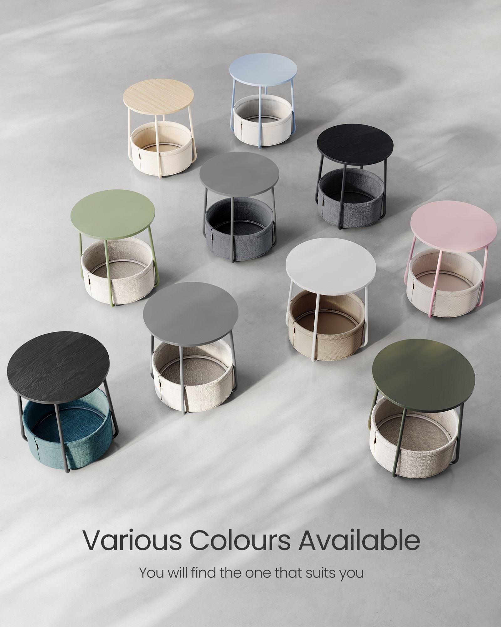 Round Side Table – Wood – Dove Grey and Slate Grey – Includes Fabric Basket