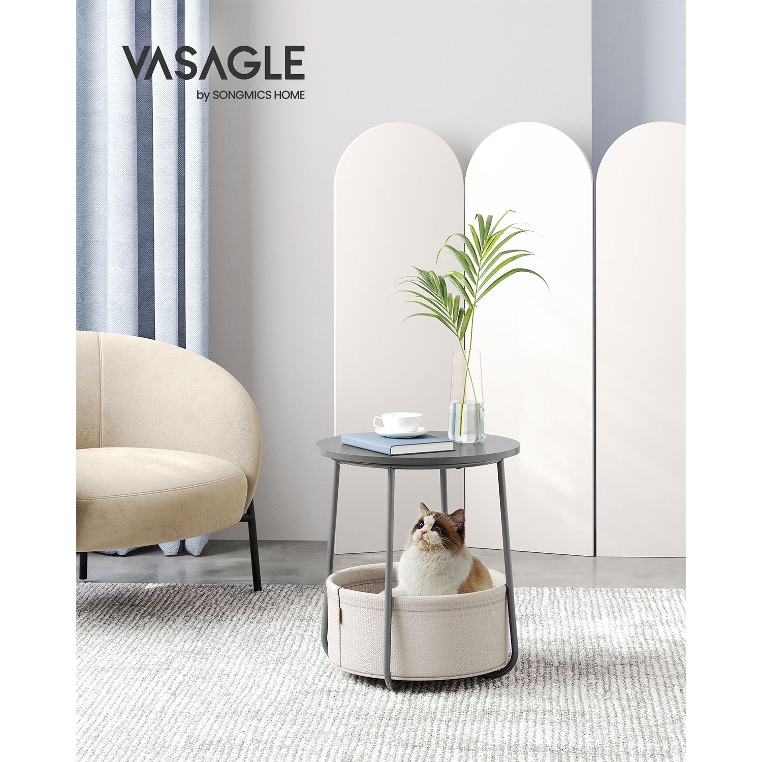 Round End Table – Wood and Fabric – Black with Wood Grain and Dark Turquoise – Spacious Design for Living Room and Bedroom