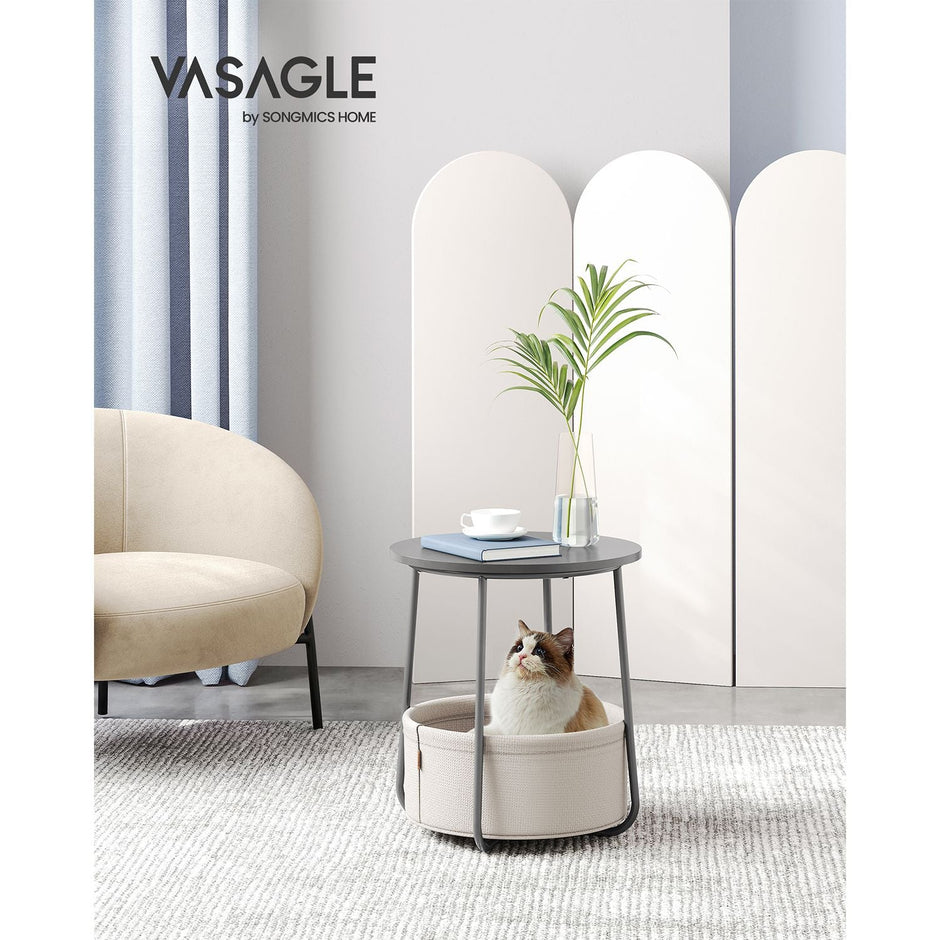Round End Table – Wood and Fabric – Black with Wood Grain and Dark Turquoise – Spacious Design for Living Room and Bedroom