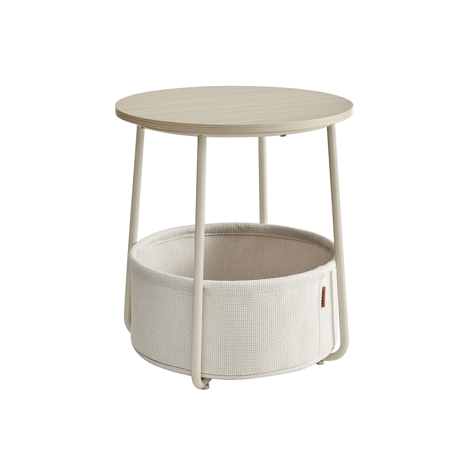 Round Side Table – Wood and Fabric – Cream White – Spacious Design with Basket