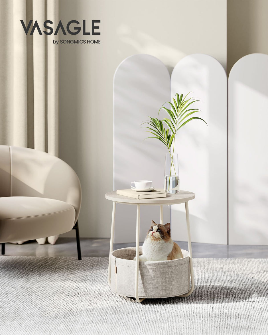 Round Side Table – Wood and Fabric – Cream White – Spacious Design with Basket