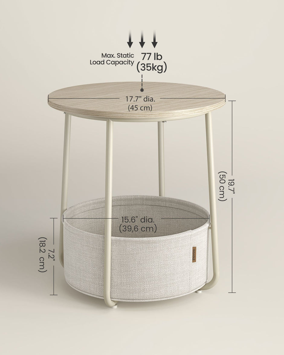 Round Side Table – Wood and Fabric – Cream White – Spacious Design with Basket