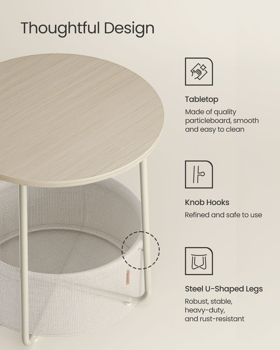 Round Side Table – Wood and Fabric – Cream White – Spacious Design with Basket