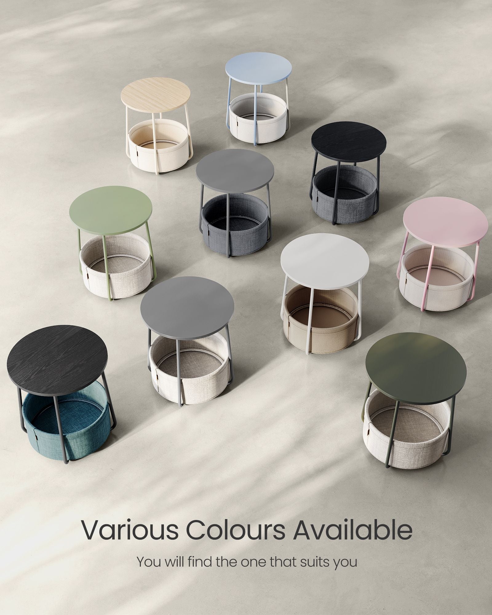 Round Side Table – Wood and Fabric – Cream White – Spacious Design with Basket