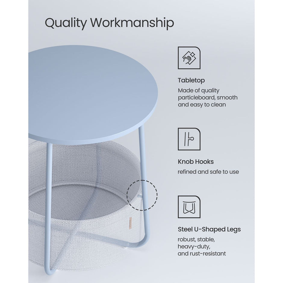 Round End Table – Wood and Fabric – Black with Wood Grain and Dark Turquoise – Spacious Design for Living Room and Bedroom