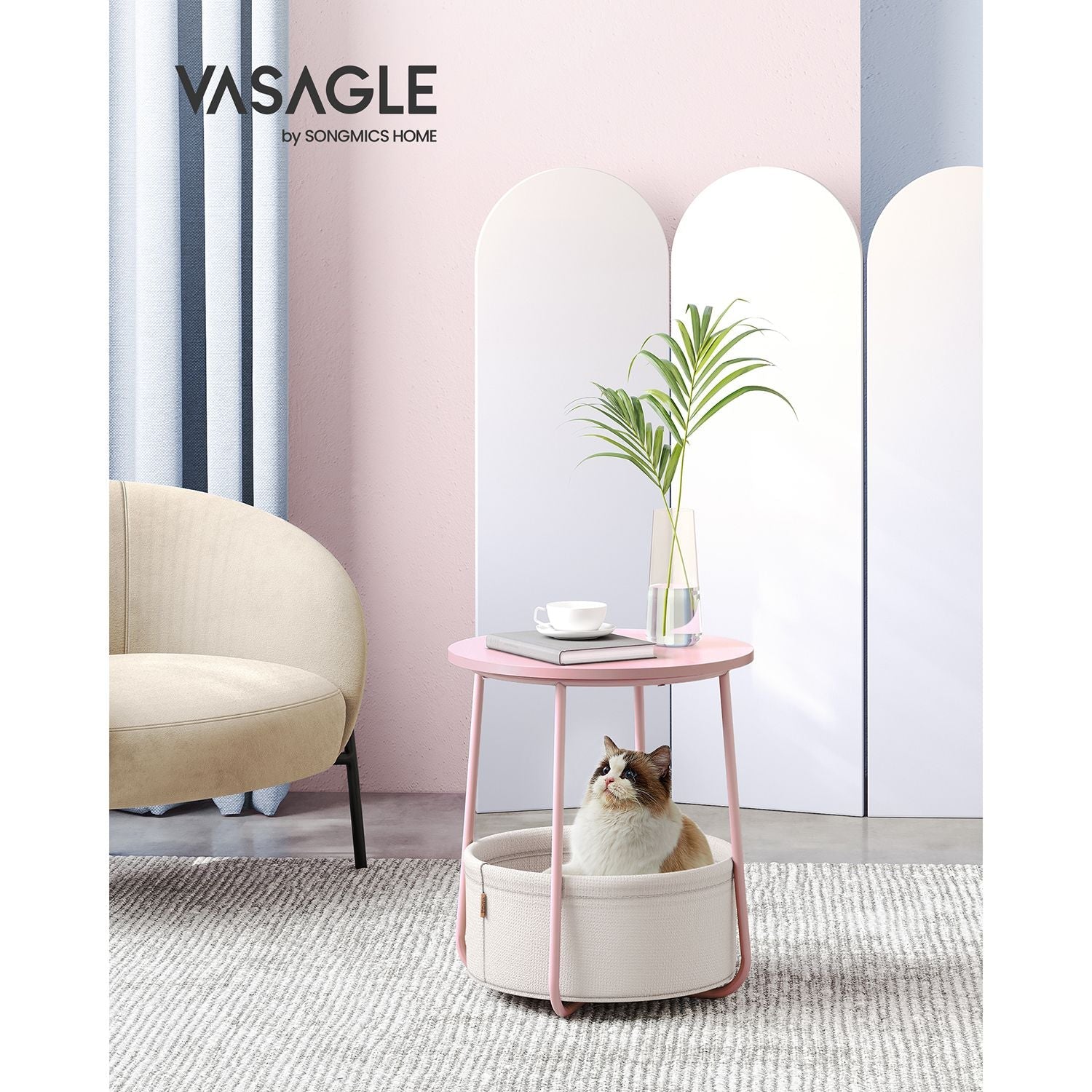 Round End Table – Wood and Fabric – Black with Wood Grain and Dark Turquoise – Spacious Design for Living Room and Bedroom