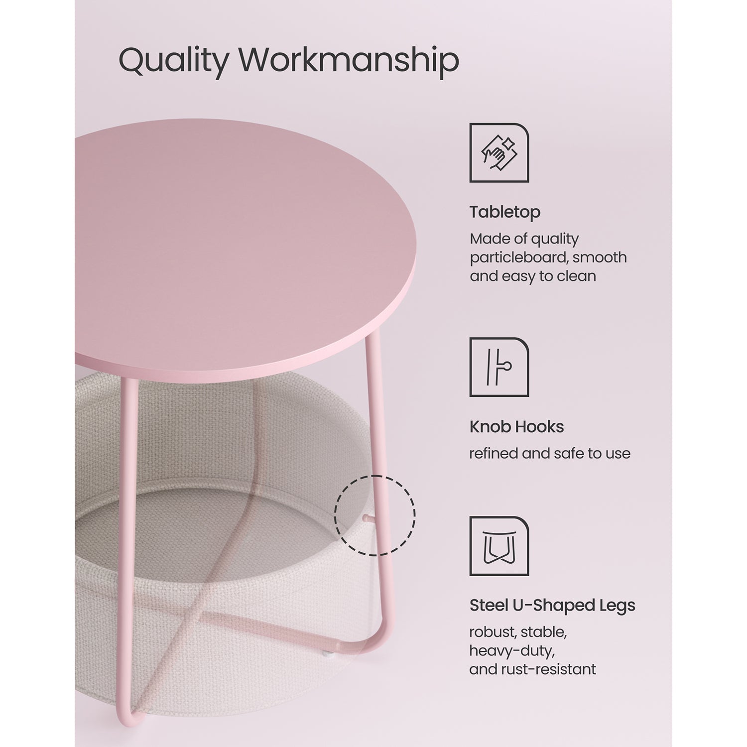Round End Table – Wood and Fabric – Black with Wood Grain and Dark Turquoise – Spacious Design for Living Room and Bedroom