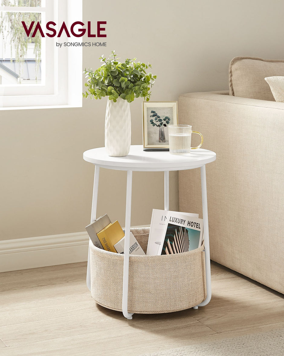 Round Side Table – Wood with Fabric Basket – Black and Dark Turquoise – Modern Design, Spacious