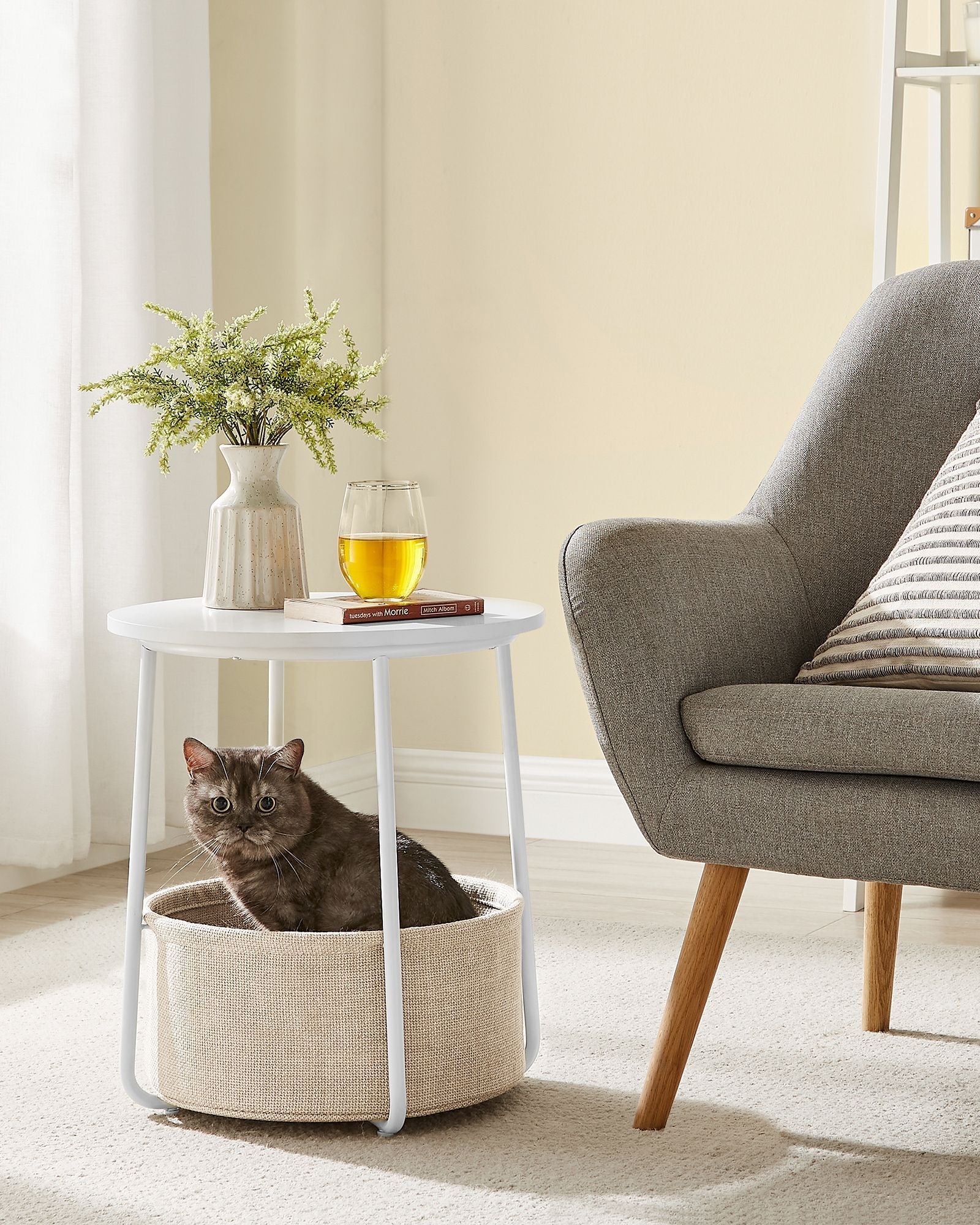 Round Side Table – Wood with Fabric Basket – Black and Dark Turquoise – Modern Design, Spacious