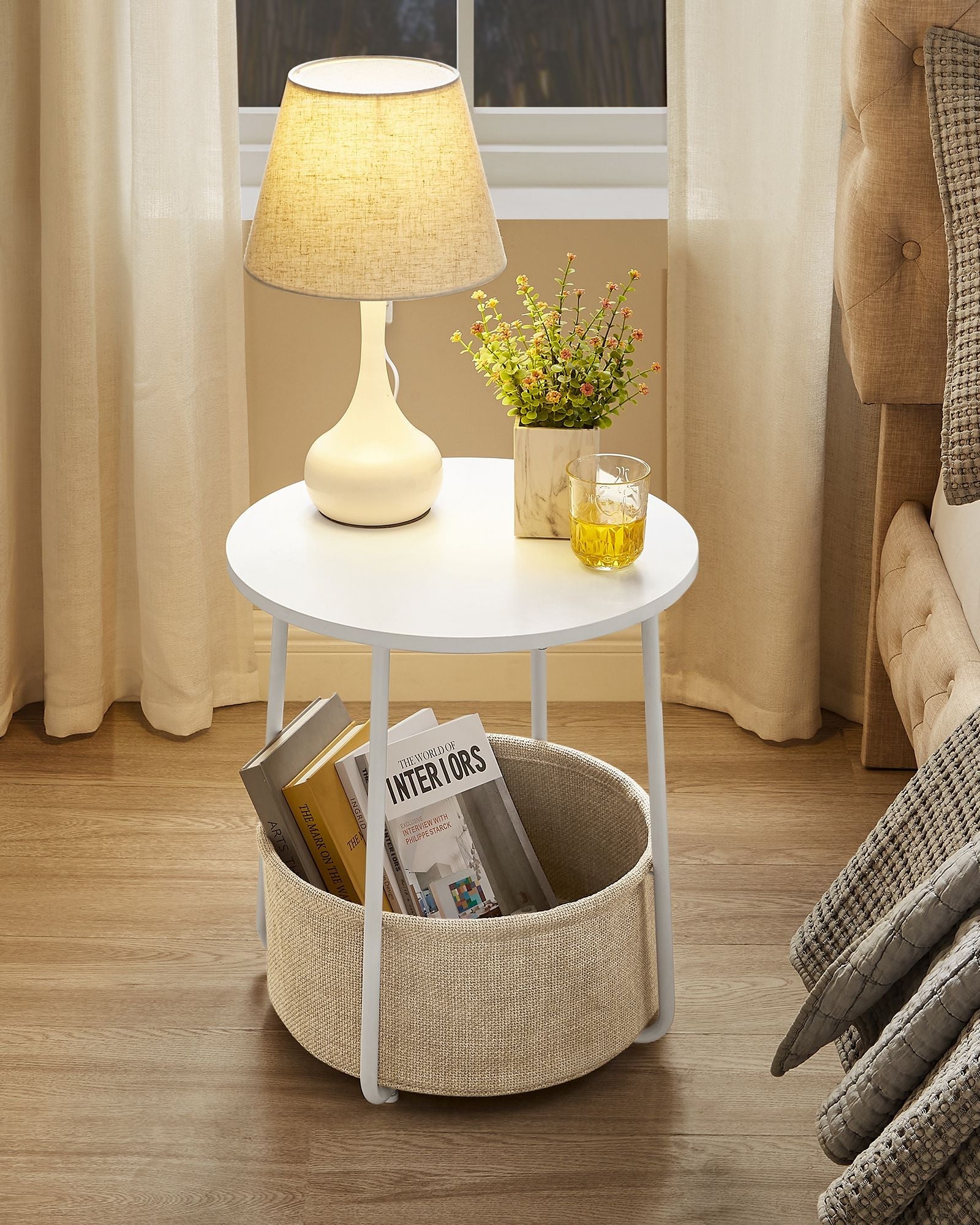 Round Side Table – Wood with Fabric Basket – Black and Dark Turquoise – Modern Design, Spacious