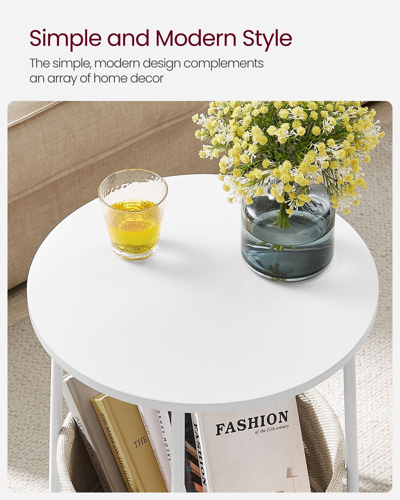 Round Side Table – Wood with Fabric Basket – Black and Dark Turquoise – Modern Design, Spacious