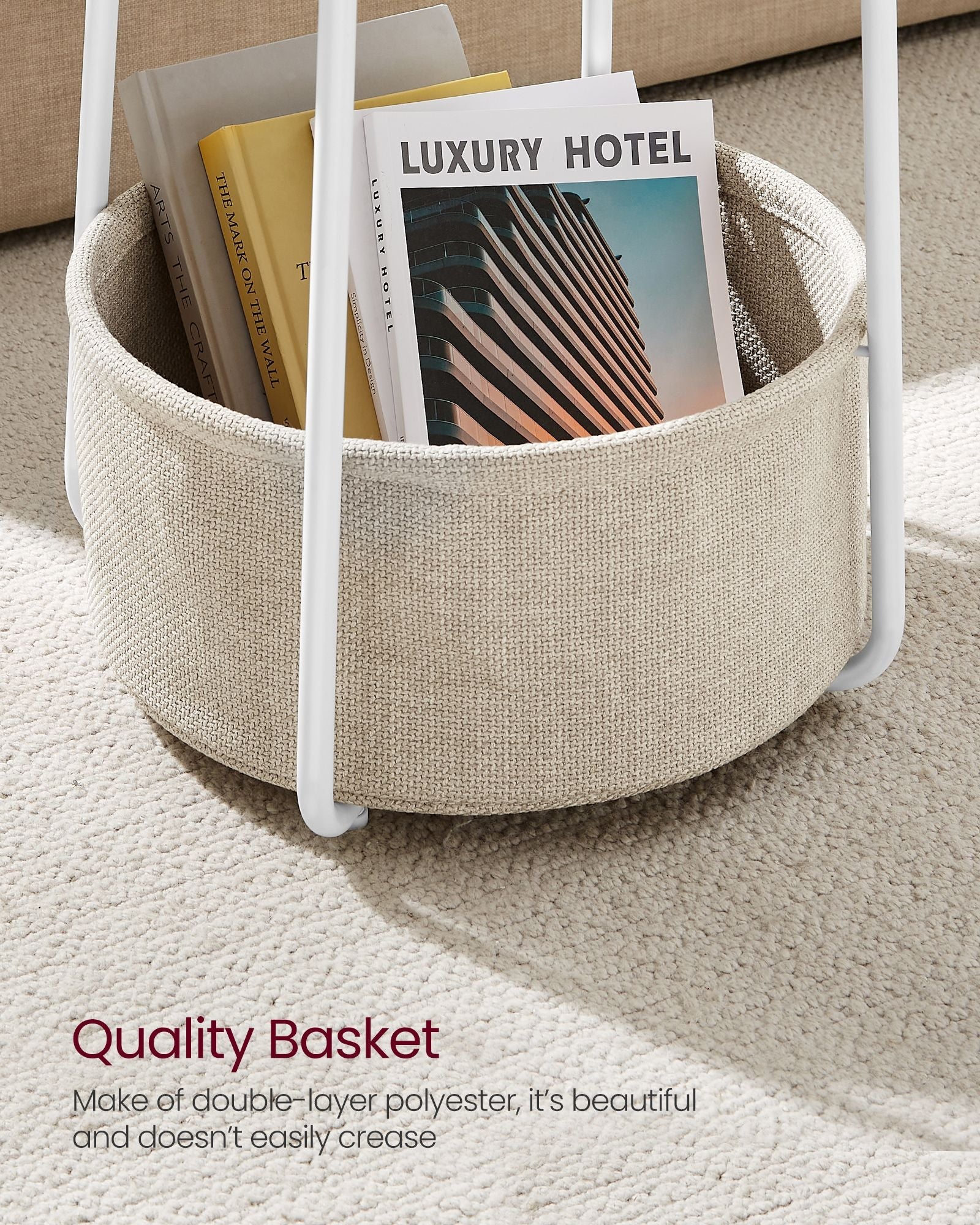 Round Side Table – Wood with Fabric Basket – Black and Dark Turquoise – Modern Design, Spacious