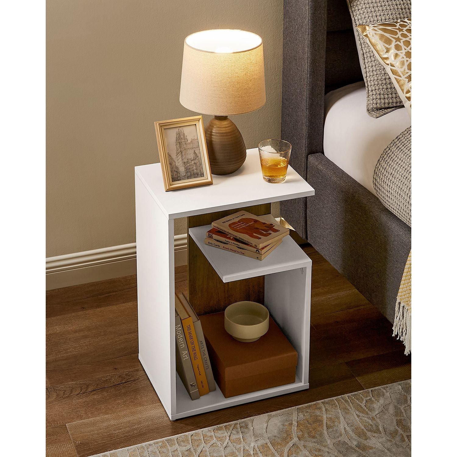 Side Table – Engineered Wood – Rustic Walnut and White – Versatile Open Storage, Modern Design, 30 x 40 x 60 cm