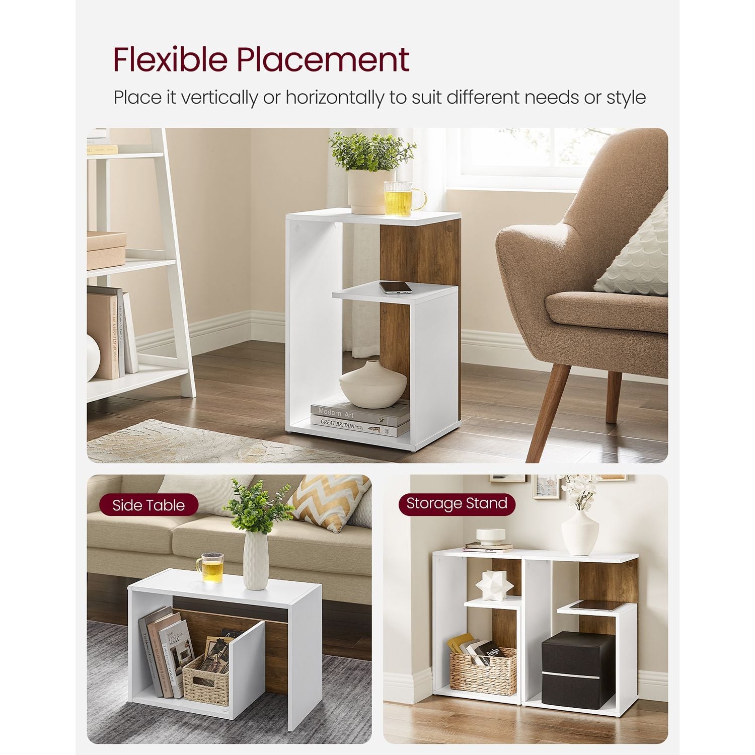 Side Table – Engineered Wood – Rustic Walnut and White – Versatile Open Storage, Modern Design, 30 x 40 x 60 cm