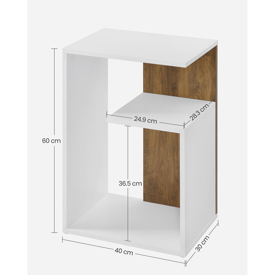 Side Table – Engineered Wood – Rustic Walnut and White – Versatile Open Storage, Modern Design, 30 x 40 x 60 cm