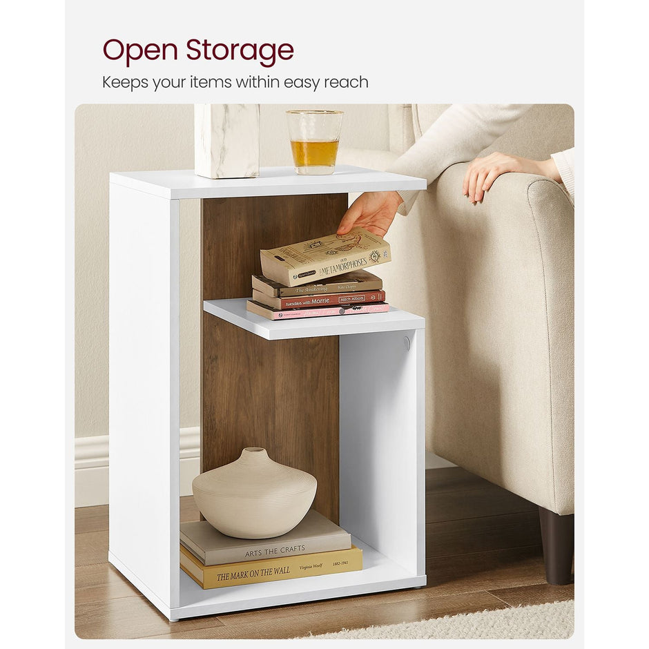 Side Table – Engineered Wood – Rustic Walnut and White – Versatile Open Storage, Modern Design, 30 x 40 x 60 cm