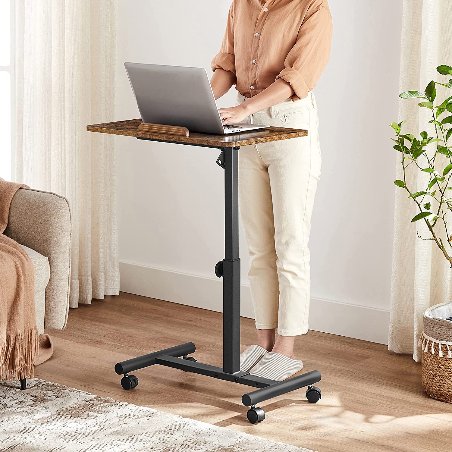 Industrial Laptop Table – Wood and Metal – Rustic Brown and Black – Adjustable Height with Tilting Top