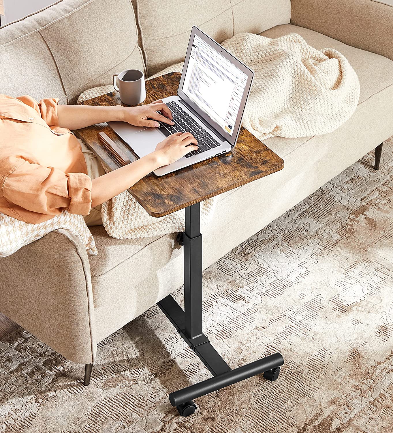 Industrial Laptop Table – Wood and Metal – Rustic Brown and Black – Adjustable Height with Tilting Top