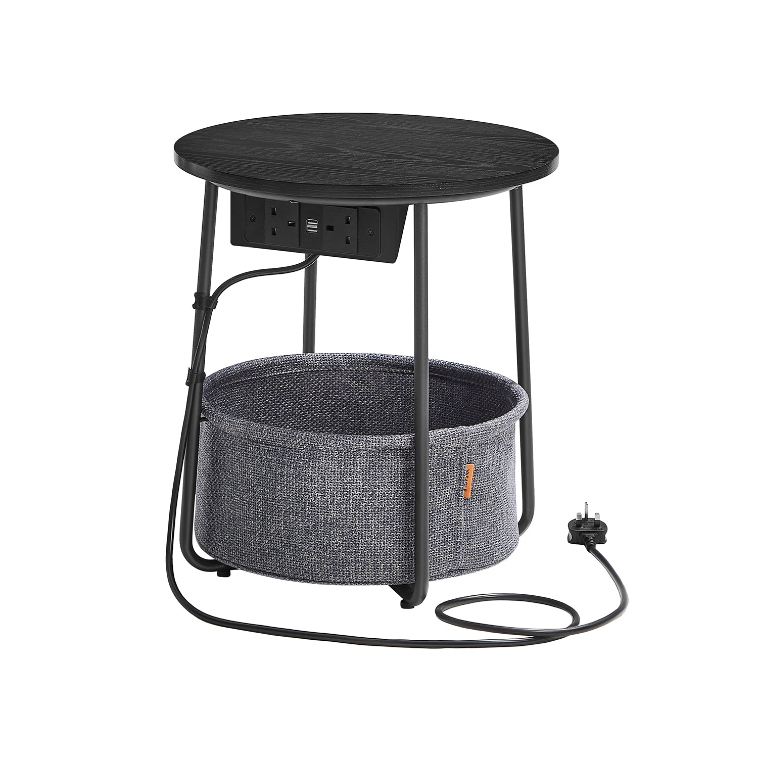 Round Side Table – Wood and Fabric – Ebony Black and Slate Grey – With Charging Station and USB Ports