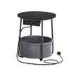 Round Side Table – Wood and Fabric – Ebony Black and Slate Grey – With Charging Station and USB Ports