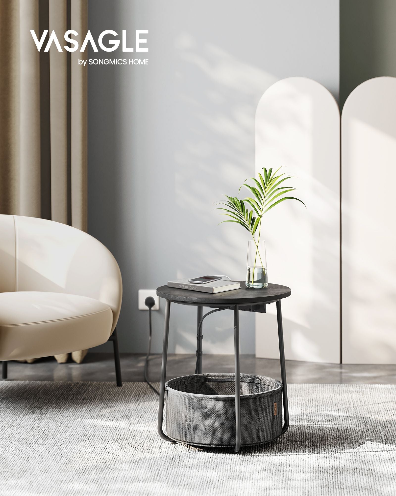 Round Side Table – Wood and Fabric – Ebony Black and Slate Grey – With Charging Station and USB Ports