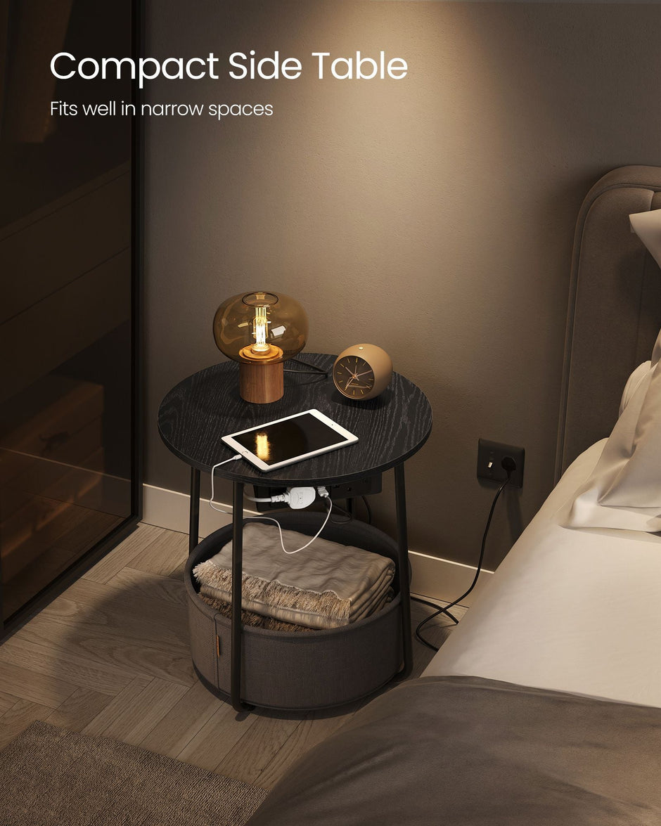 Round Side Table – Wood and Fabric – Ebony Black and Slate Grey – With Charging Station and USB Ports