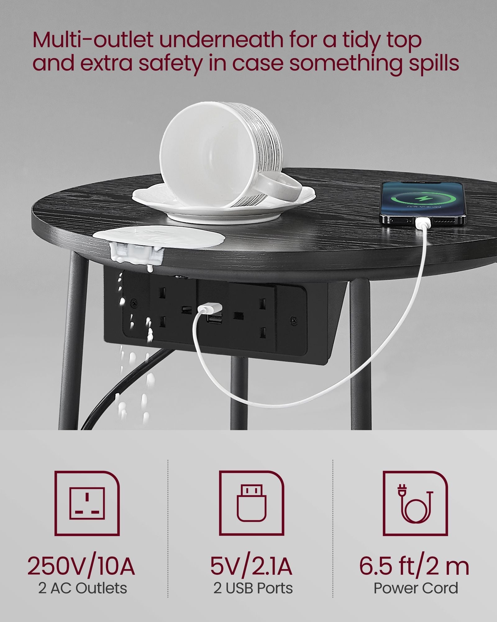 Round Side Table – Wood and Fabric – Ebony Black and Slate Grey – With Charging Station and USB Ports
