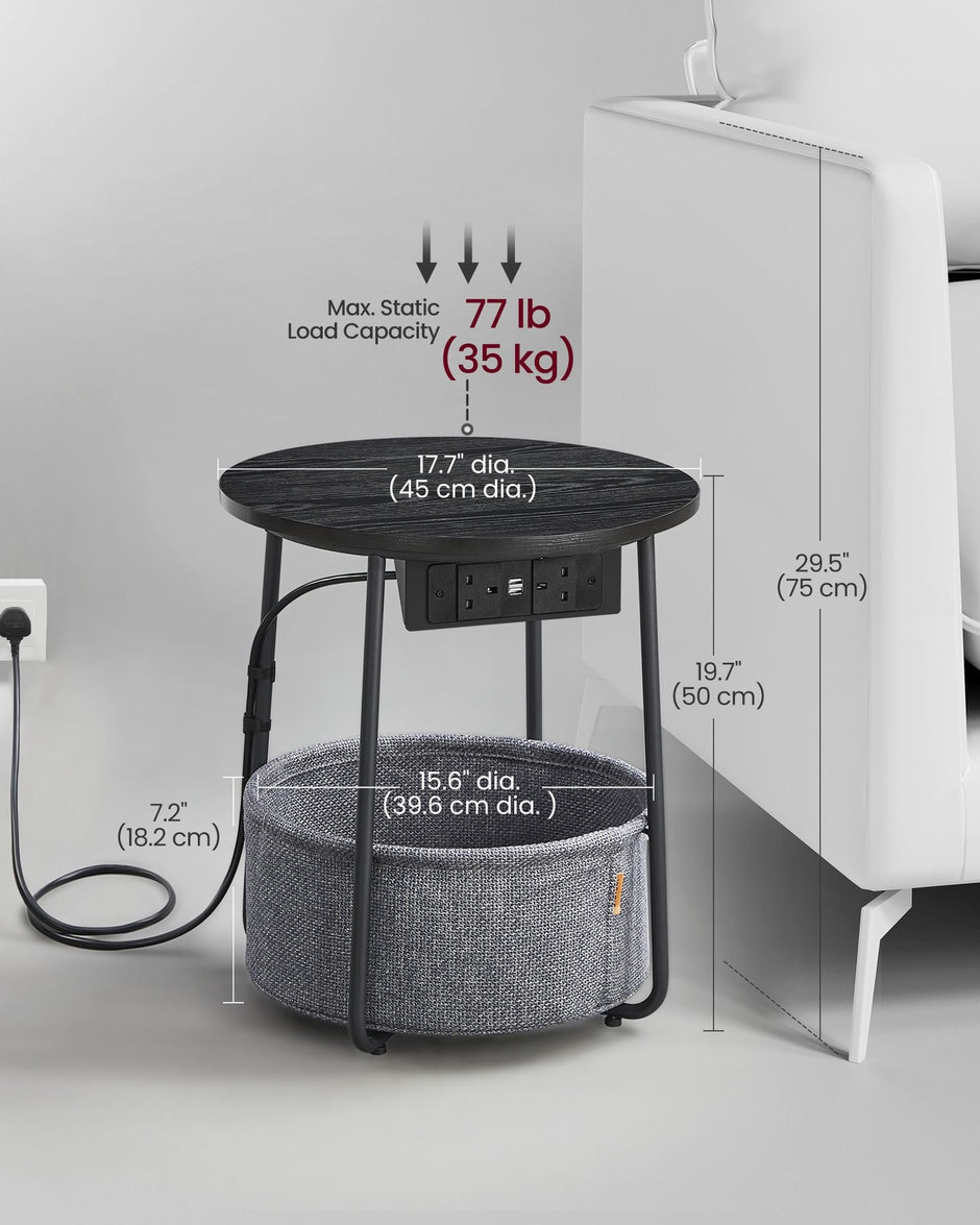 Round Side Table – Wood and Fabric – Ebony Black and Slate Grey – With Charging Station and USB Ports