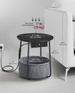 Round Side Table – Wood and Fabric – Ebony Black and Slate Grey – With Charging Station and USB Ports
