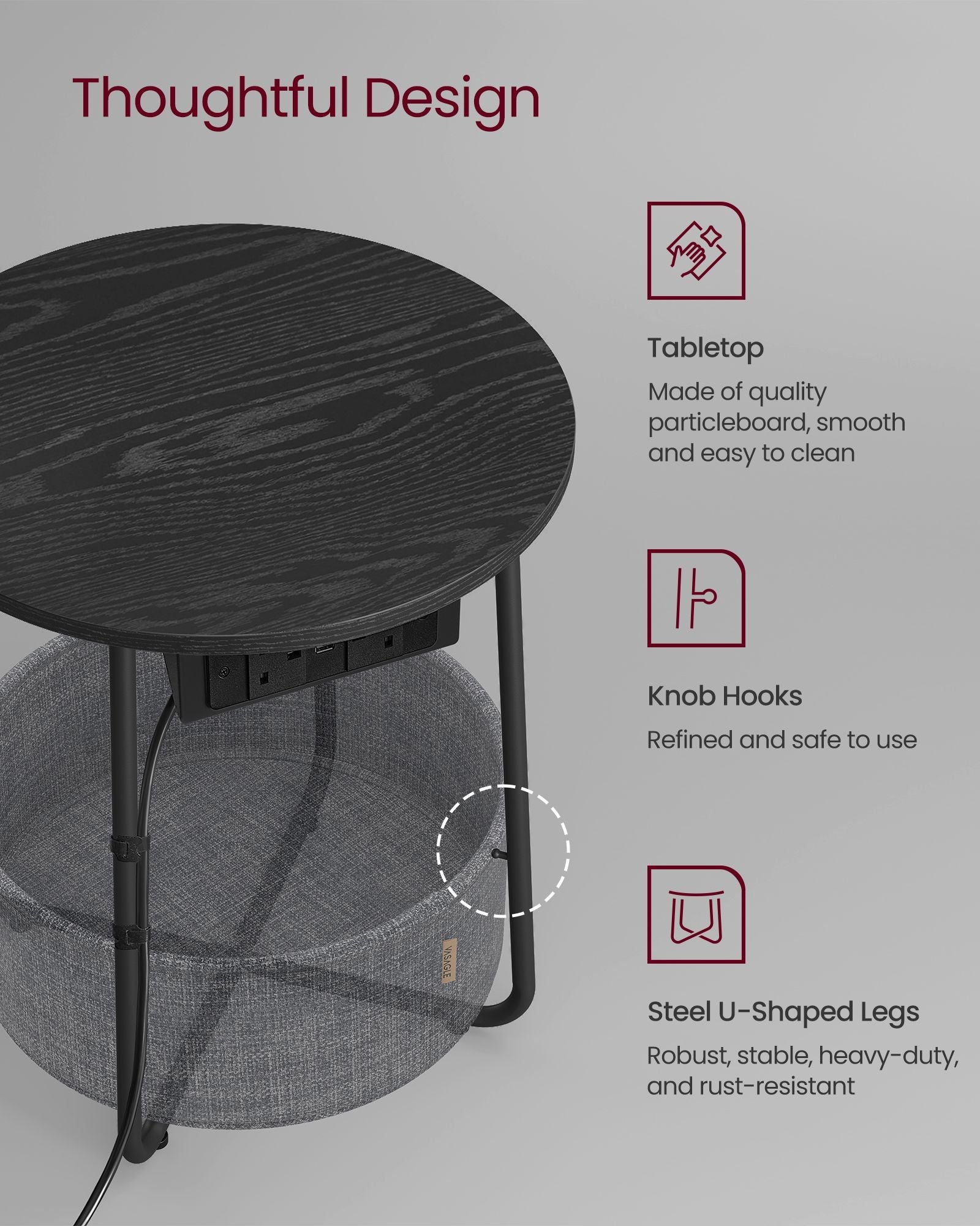 Round Side Table – Wood and Fabric – Ebony Black and Slate Grey – With Charging Station and USB Ports