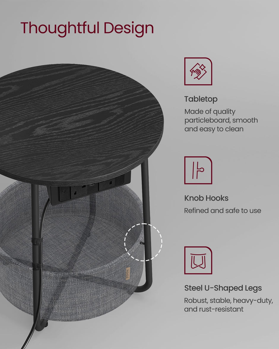 Round Side Table – Wood and Fabric – Ebony Black and Slate Grey – With Charging Station and USB Ports