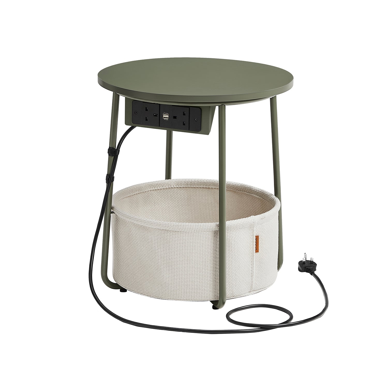 Round Side Table – Wood and Fabric – Forest Green and Cream White – With Charging Station and USB Ports