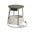 Round Side Table – Wood and Fabric – Forest Green and Cream White – With Charging Station and USB Ports