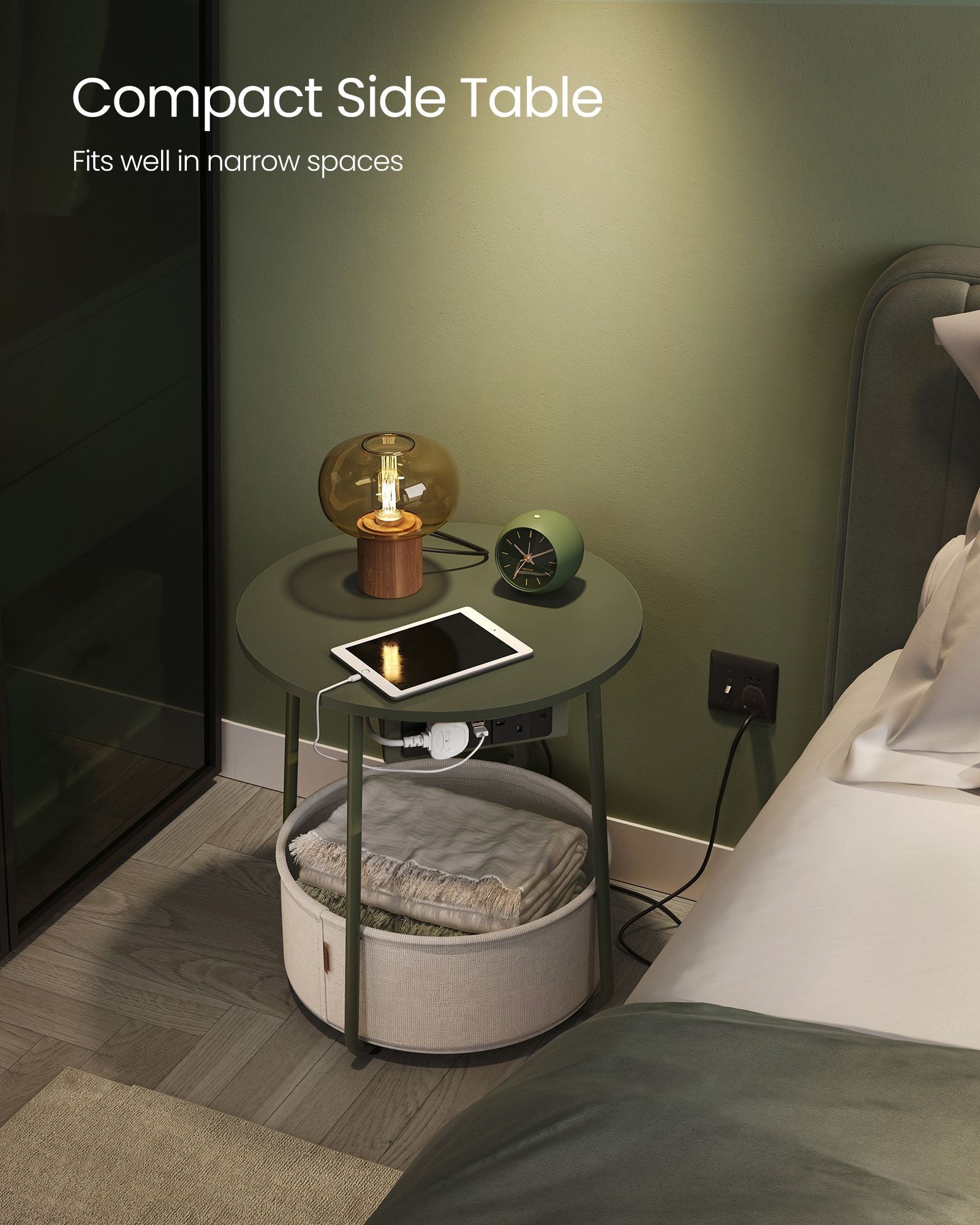 Round Side Table – Wood and Fabric – Forest Green and Cream White – With Charging Station and USB Ports
