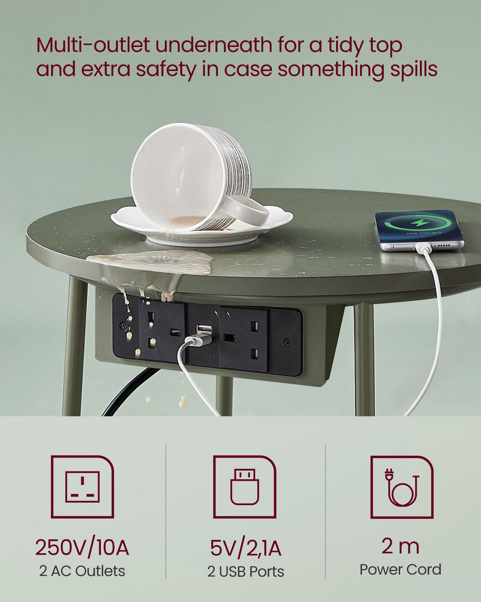 Round Side Table – Wood and Fabric – Forest Green and Cream White – With Charging Station and USB Ports