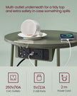 Round Side Table – Wood and Fabric – Forest Green and Cream White – With Charging Station and USB Ports