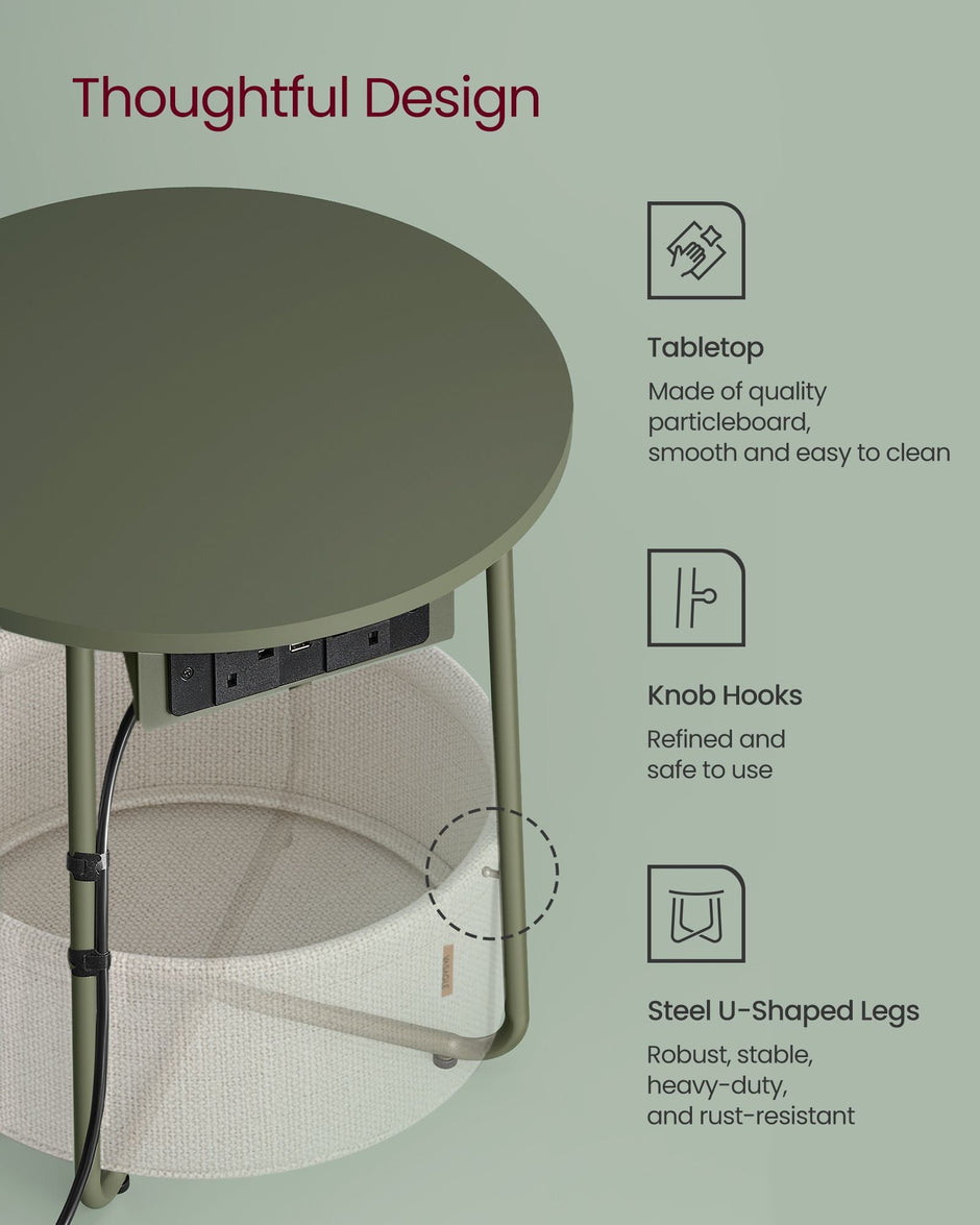 Round Side Table – Wood and Fabric – Forest Green and Cream White – With Charging Station and USB Ports