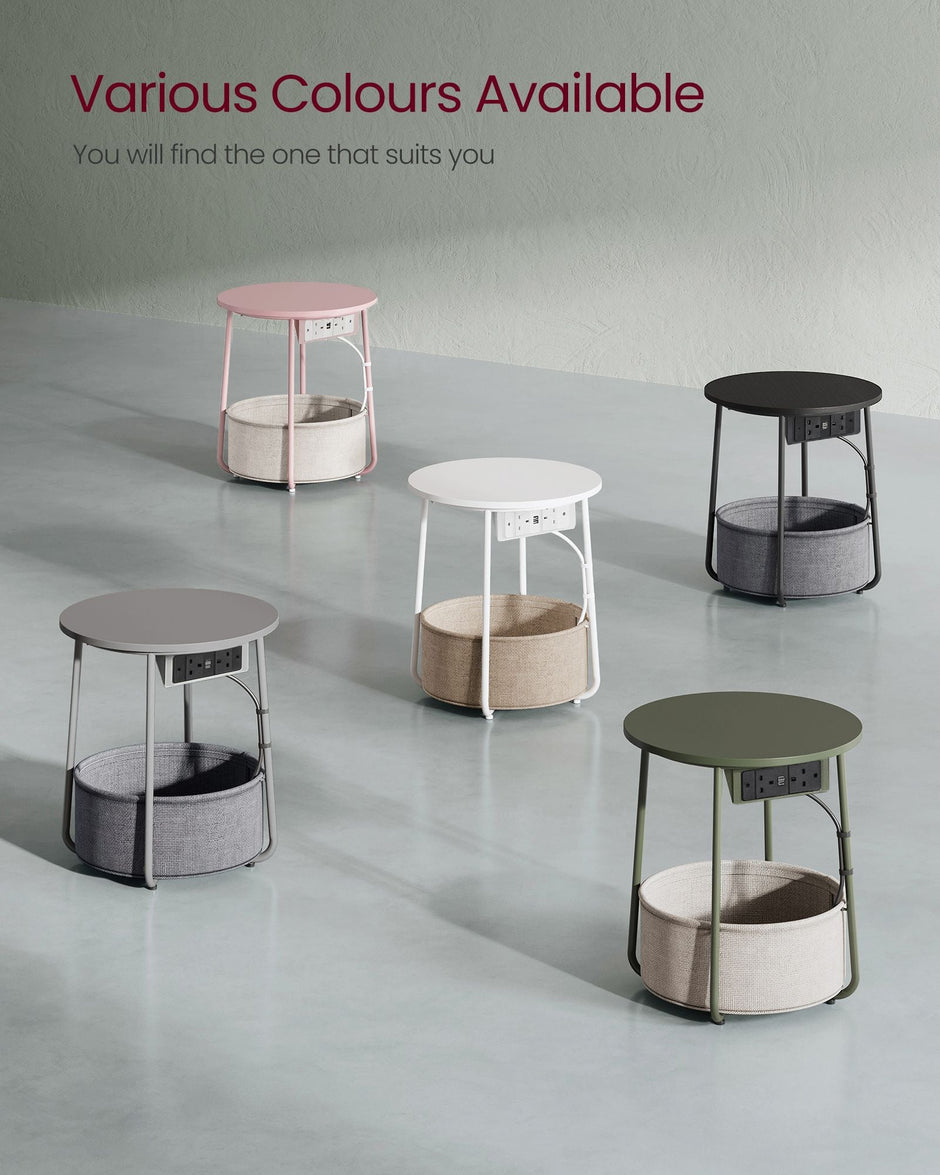 Round Side Table – Wood and Fabric – Forest Green and Cream White – With Charging Station and USB Ports