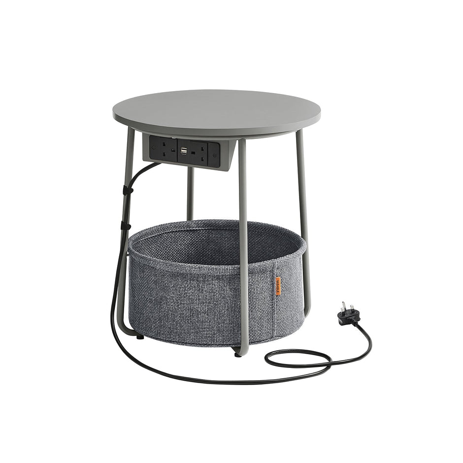 Round Side Table – Fabric and Wood – Dove Grey and Slate Grey – With Charging Station and USB Ports