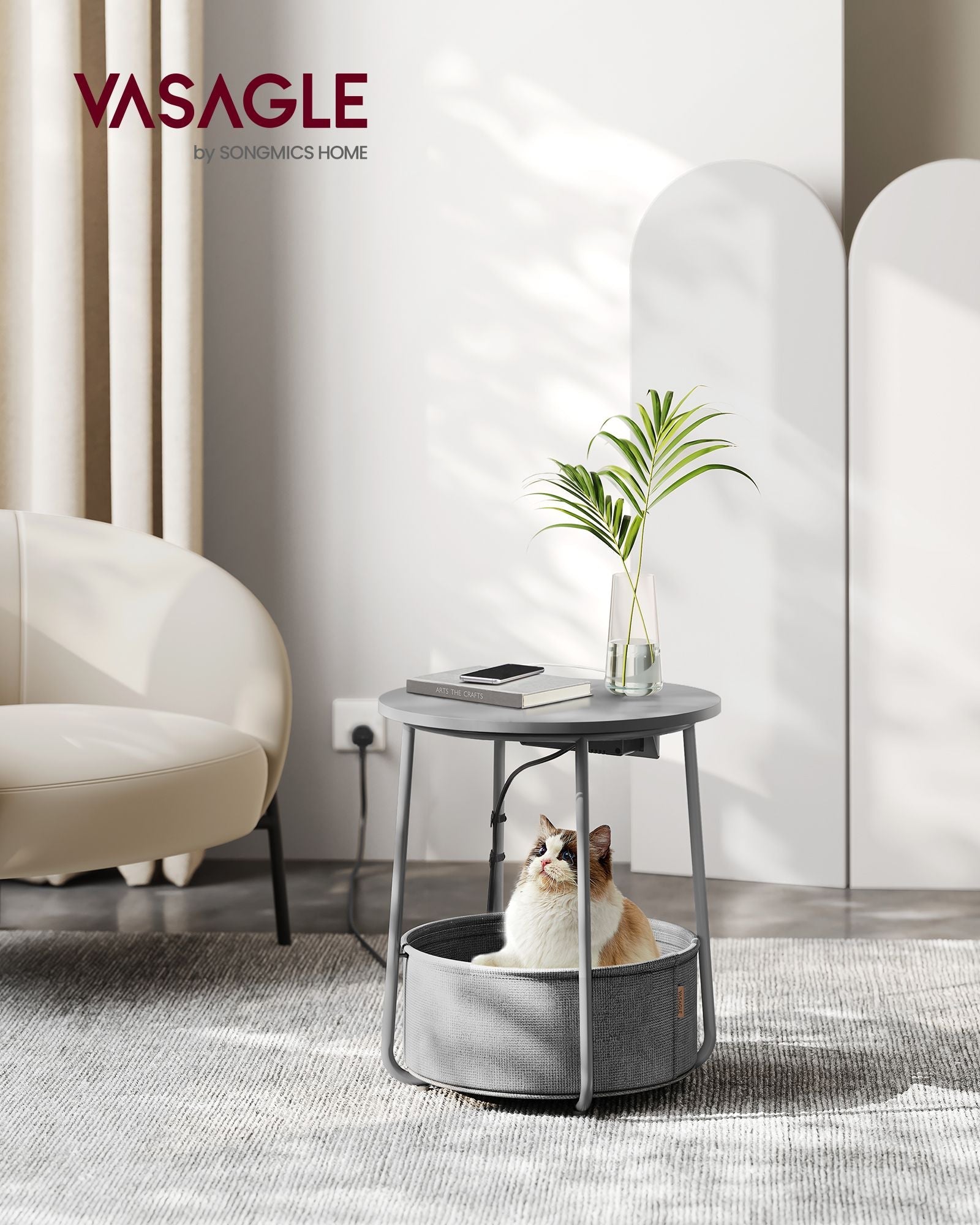 Round Side Table – Wood – Grey – With Fabric Basket and Charging Station