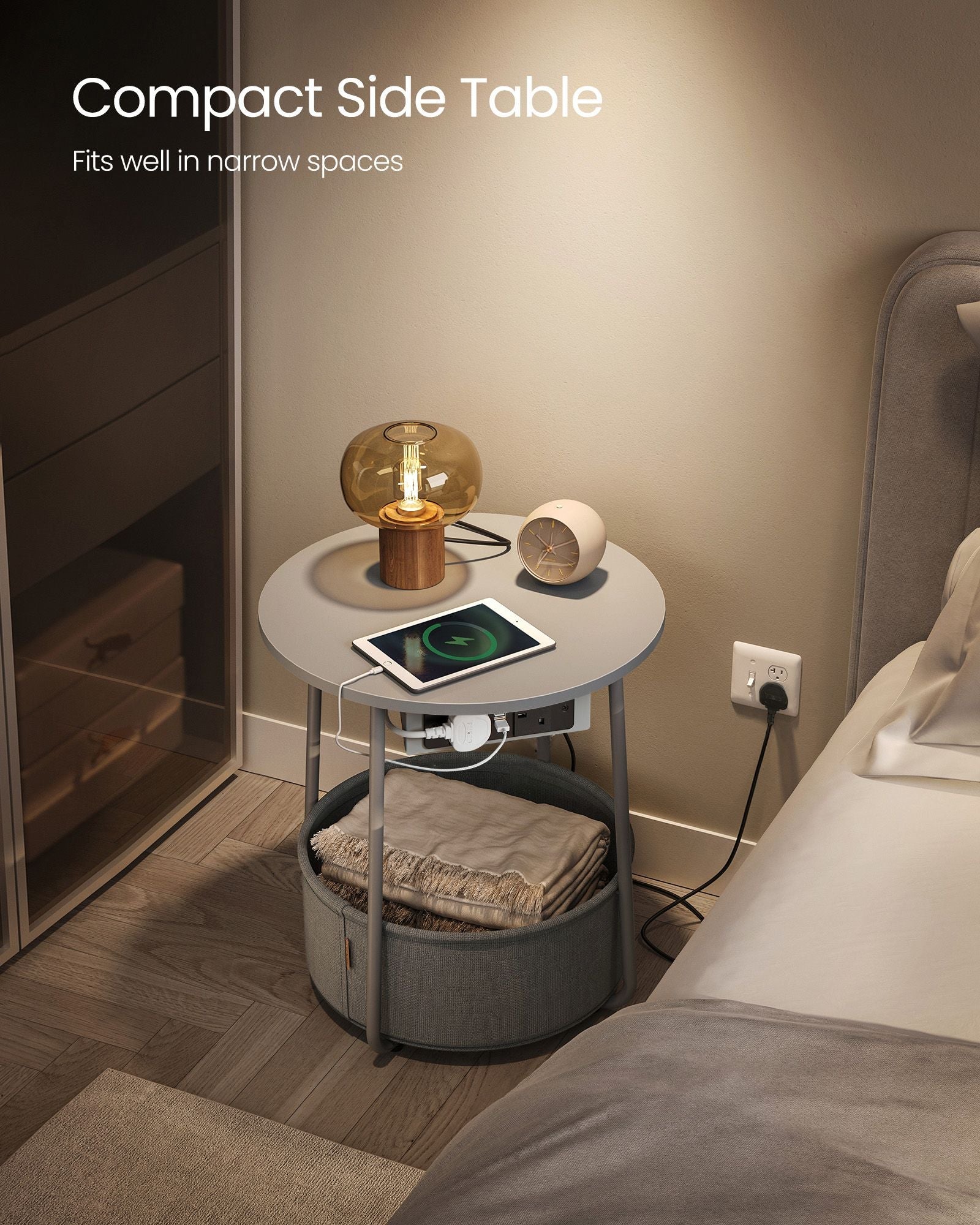 Round Side Table – Fabric and Wood – Dove Grey and Slate Grey – With Charging Station and USB Ports