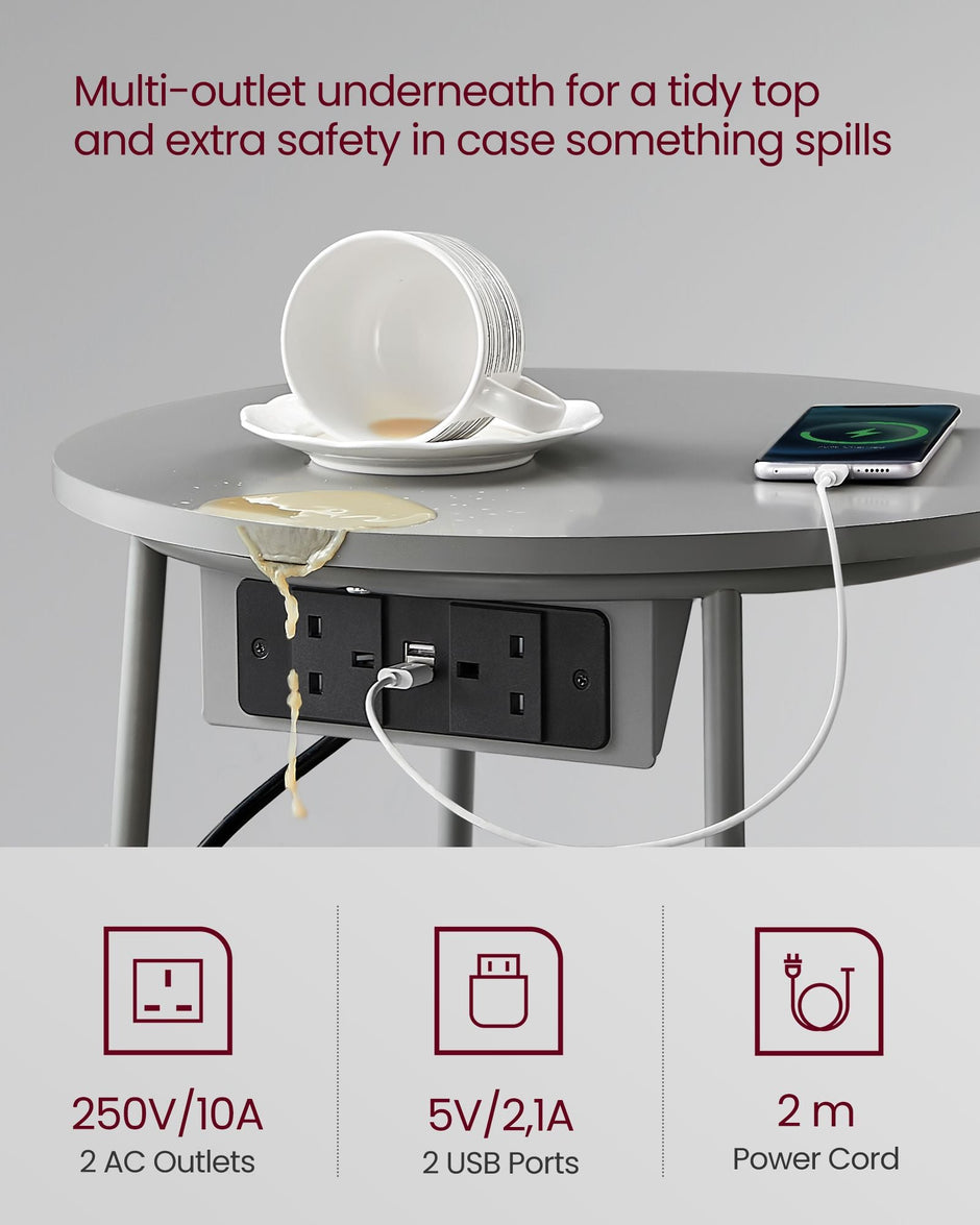 Round Side Table – Fabric and Wood – Dove Grey and Slate Grey – With Charging Station and USB Ports