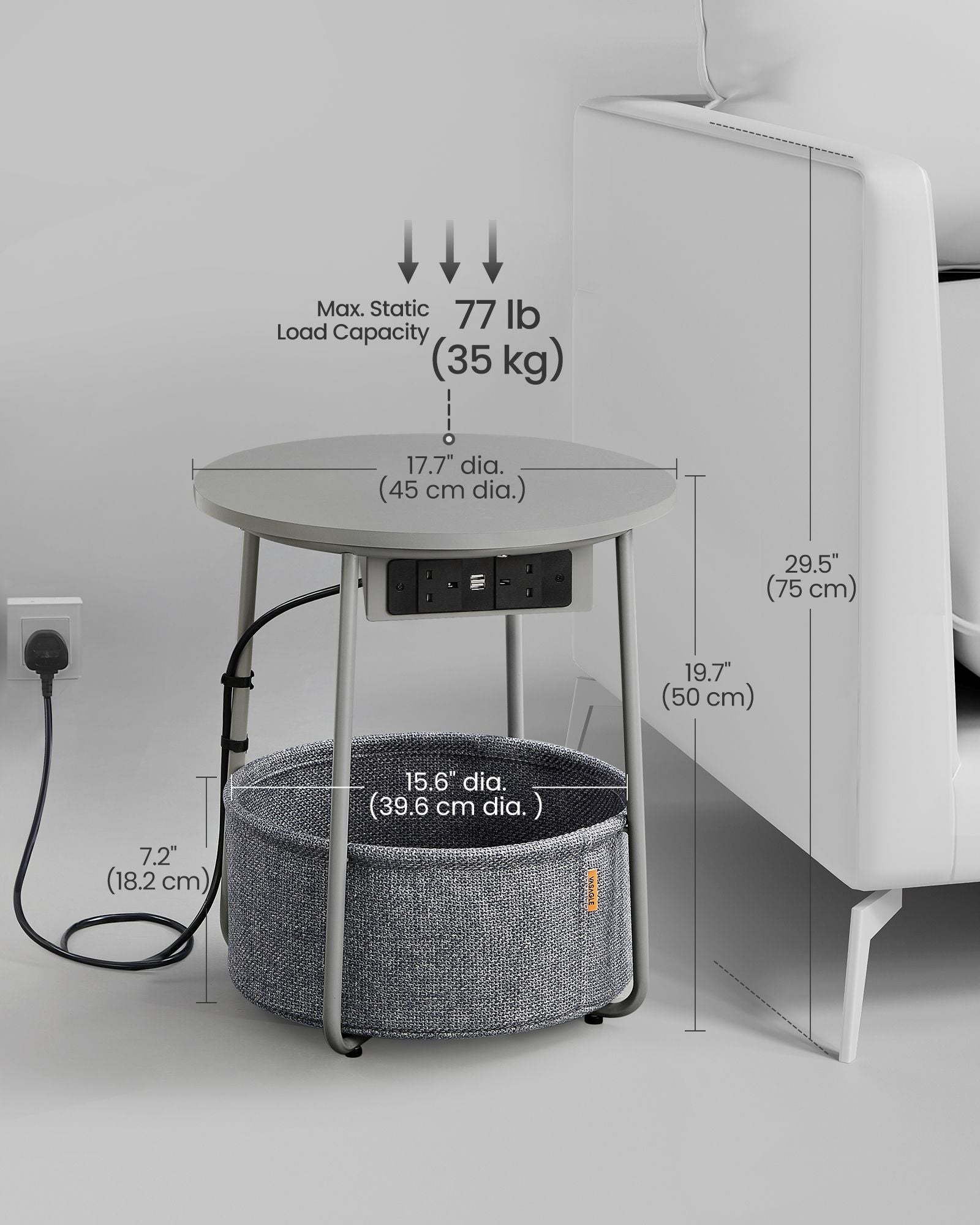 Round Side Table – Wood – Grey – With Fabric Basket and Charging Station
