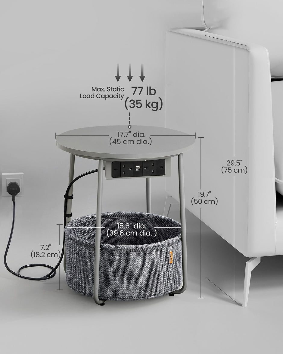 Round Side Table – Wood – Grey – With Fabric Basket and Charging Station